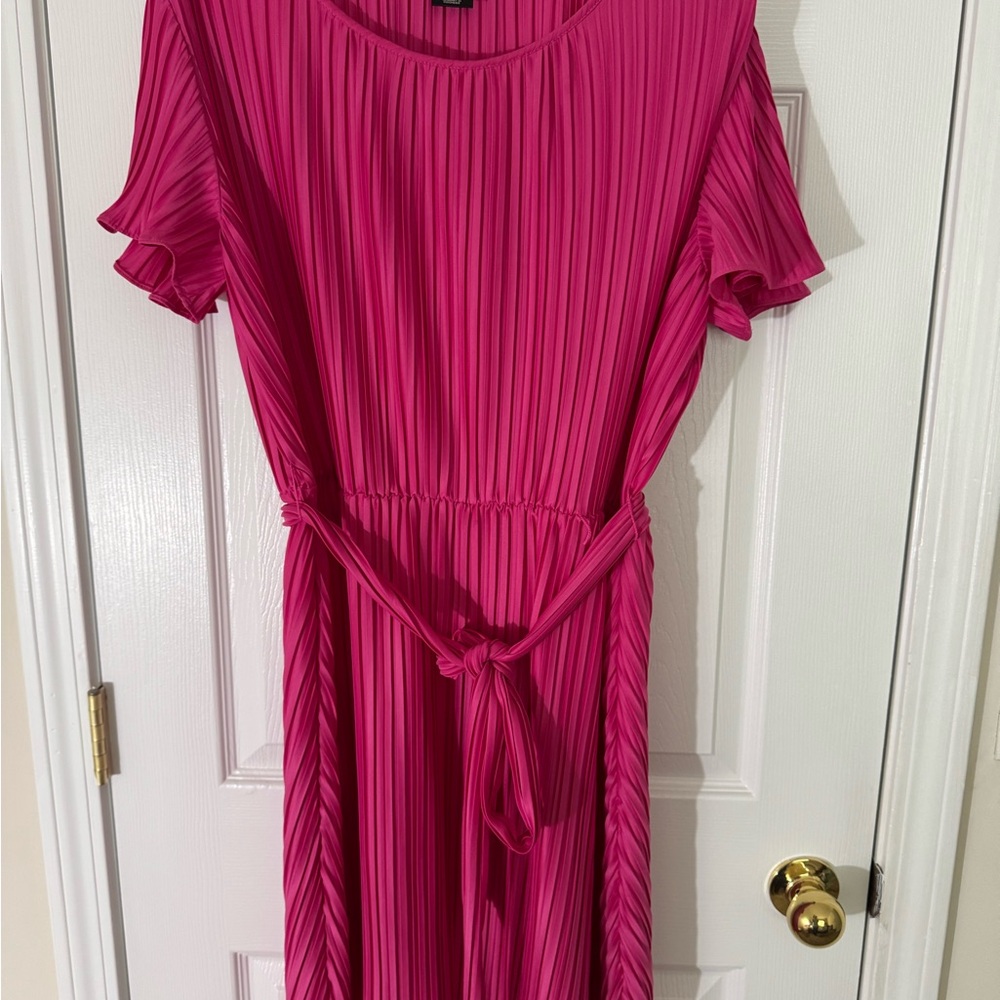 DKNY Pink Pleated Midi Dress with Flutter Sleeves